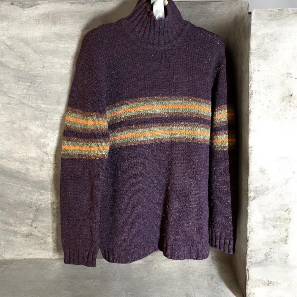 Vtg J Crew Sz M 100% Shetland Wool  Plum With Stripes Sweater Collegiate Preppy